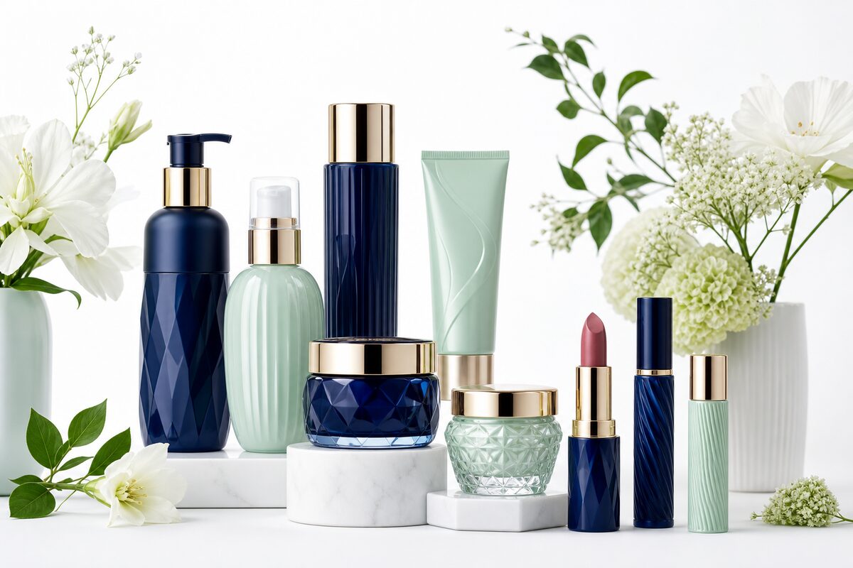 A stylish arrangement of cosmetic product packaging with elegant branding on a clean white background